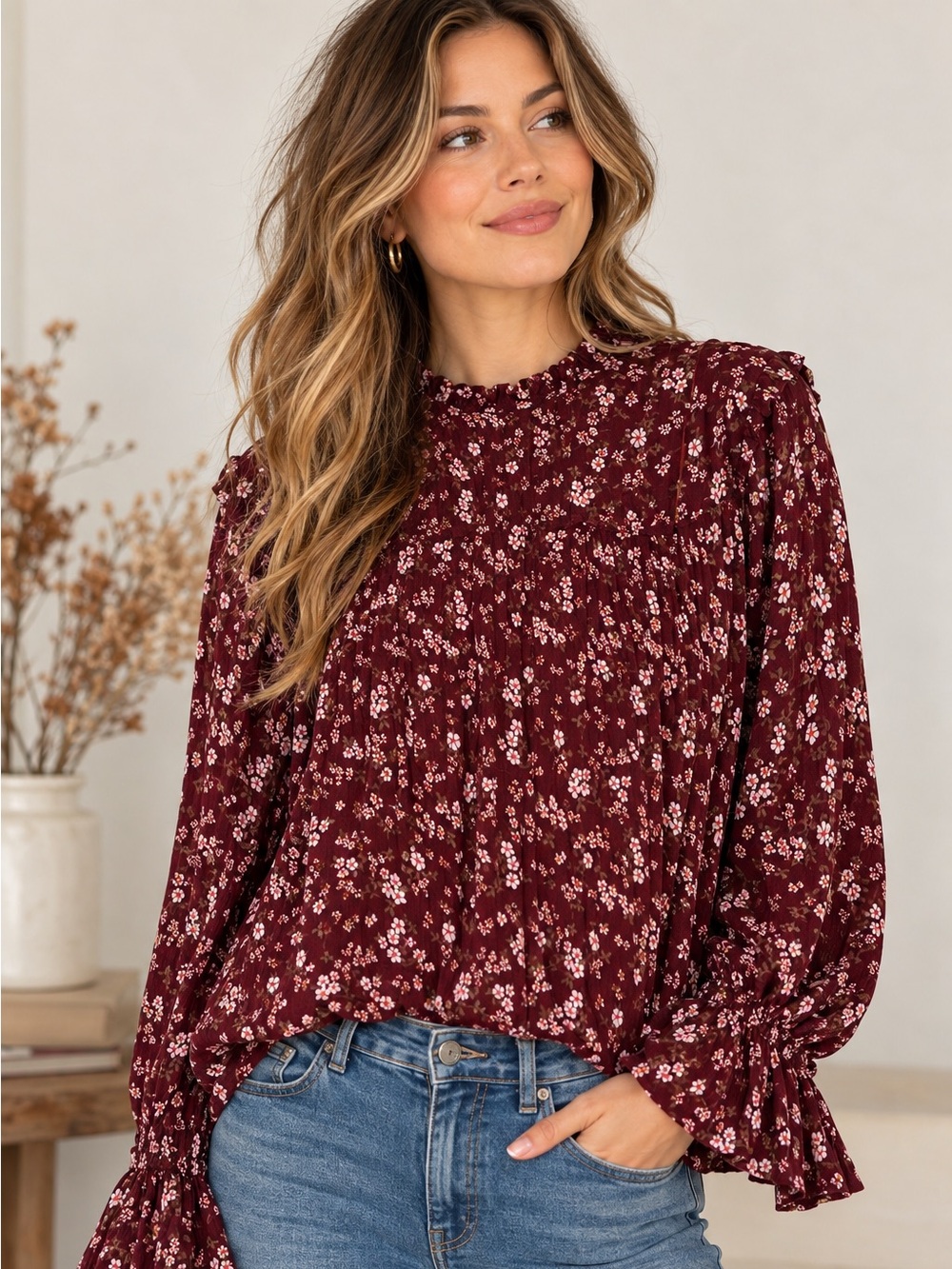 Easel Los Angeles Burgundy Floral Ruffle Blouse Boho Cottagecore Medium NWT